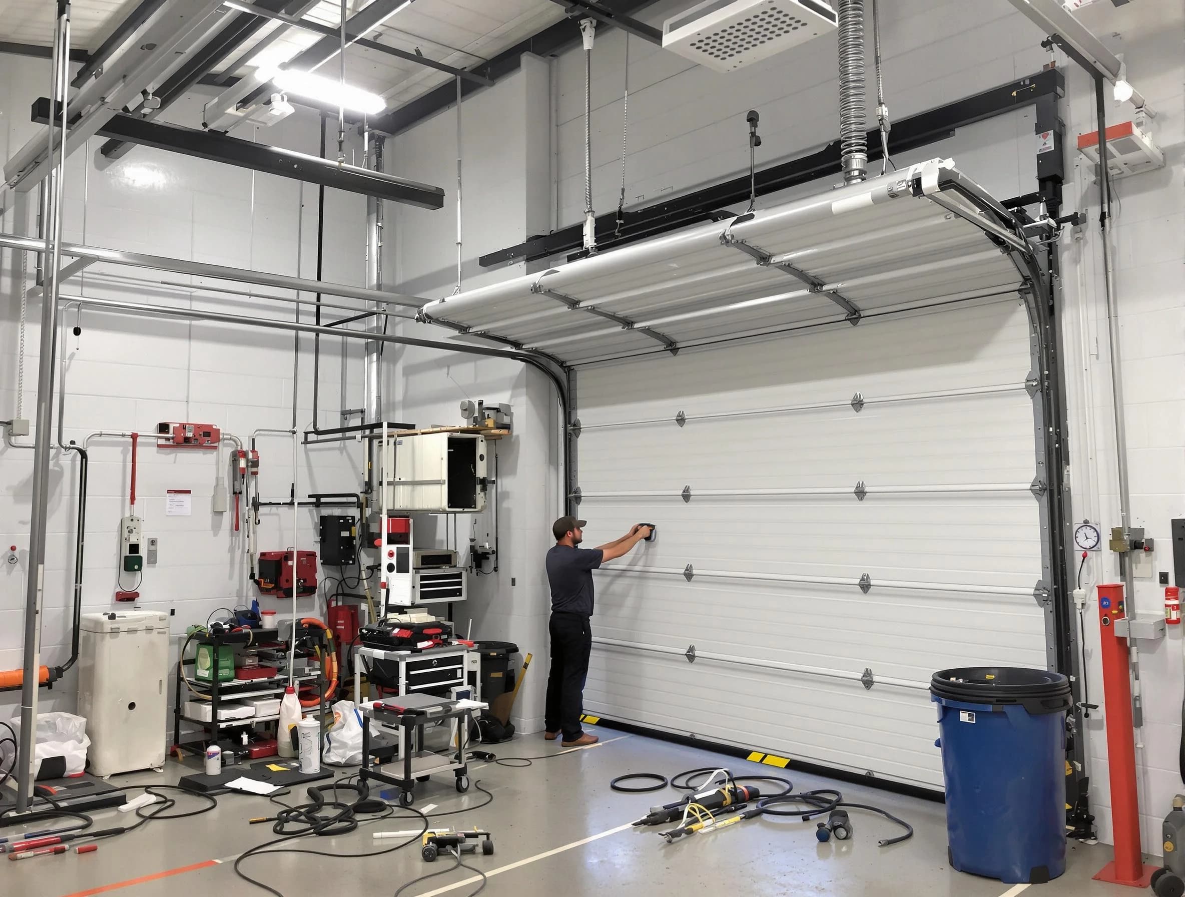 Chelmsford Garage Door Repair certified technician performing commercial door repair at a Chelmsford business facility