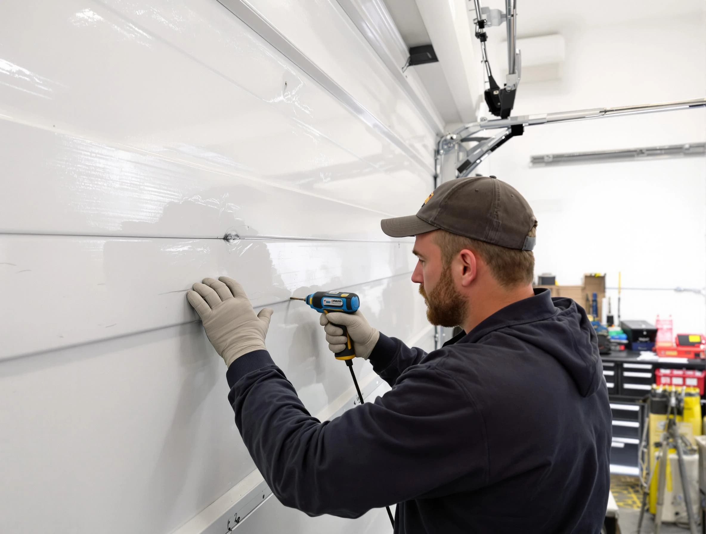 Chelmsford Garage Door Repair technician demonstrating precision dent removal techniques on a Chelmsford garage door